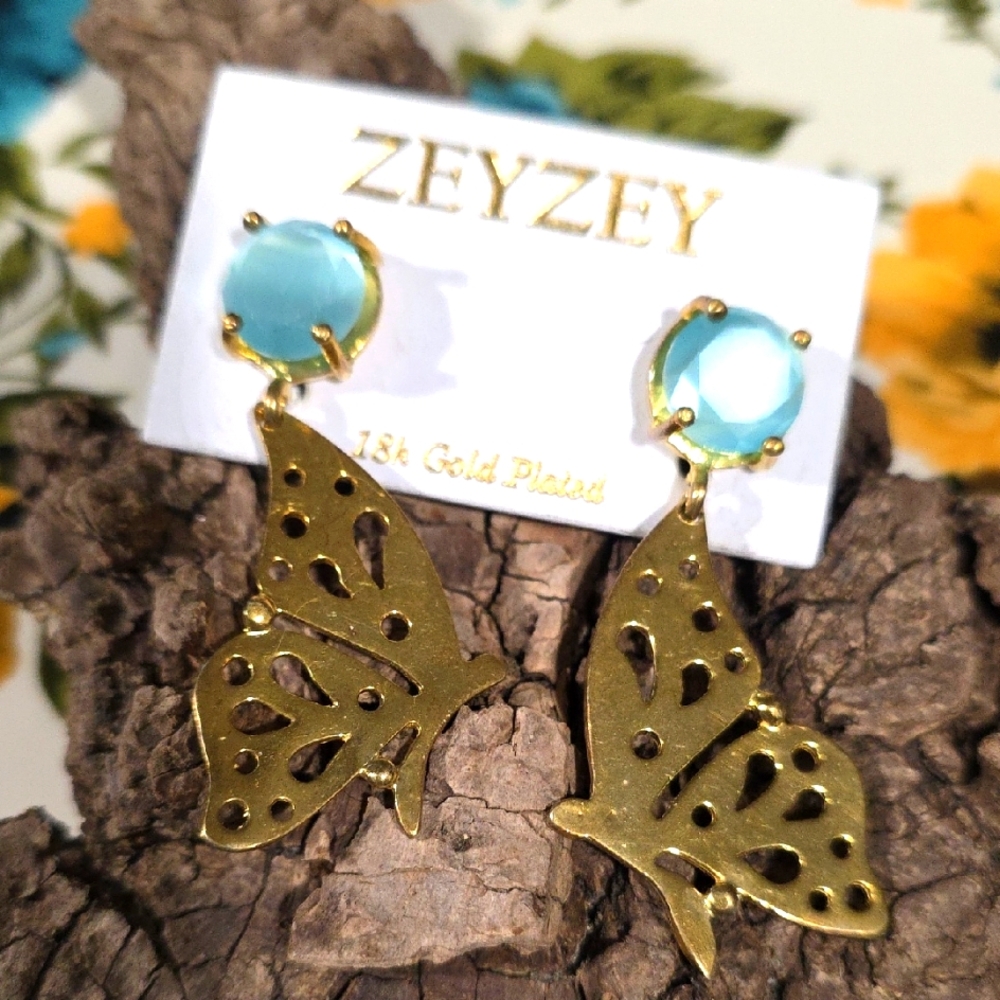 ZEYZEY Gold and Blue Butterfly Pierced Earrings
